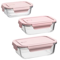 Kit 3 Potes Herméticos de Vidro Rosa Retangulares Pequeno Médio e Grande Uz Marmitas - 1