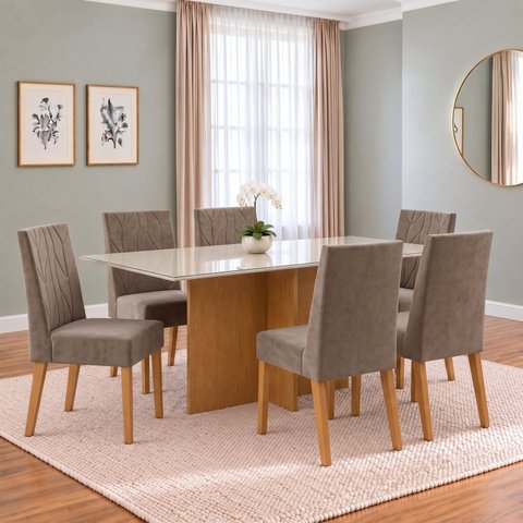 Conjunto Sala de Jantar Mesa Lana 160cm Tampo MDF Vidro Canto Reto 6 Cadeiras Flavia