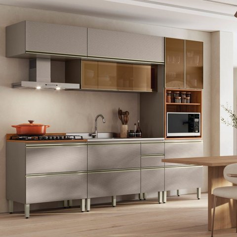 Cozinha Completa Modulada 5 Peças 100% MDF Proença Bege/Nogueira/Nude Prime