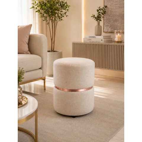 Puff Cinta no Meio Rose Gold em Tecido Linho , Bege -Let Móveis