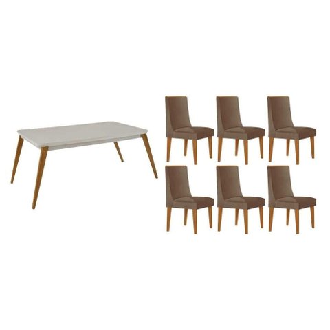 Conjunto: Mesa Sala Jantar Havana Tampo c/ Vidro Curvo 180cm+6 Cadeiras Dakota Madeira Naturale/Off