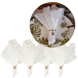 Jogo Guardanapo Tecido Floral e Argola Natal Metal Rosê Gold 4 Unidades - Bela Flor