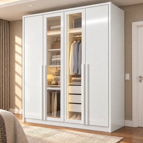 Guarda Roupa Solteiro 4 Portas 3 Gavetas e Vidro Reflecta 164cm com LED 100% MDF Imperiale Premium