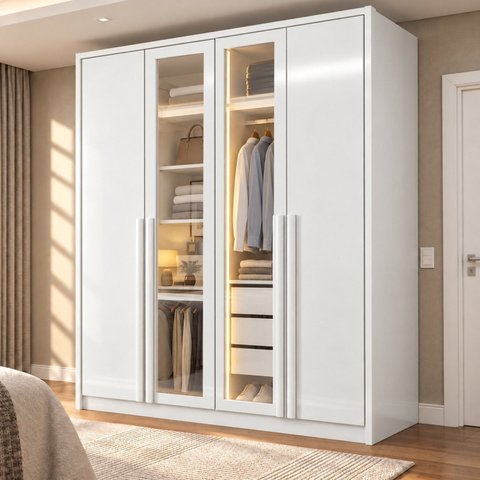Guarda Roupa Solteiro 4 Portas 3 Gavetas e Vidro Reflecta 164cm com LED 100% MDF Imperiale Premium