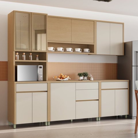 Cozinha 5 Peças 11 Portas 5 Gavetas 270cm 100% MDF Condessa Marrom/Carvalho/Fendi