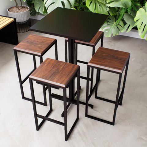 Conjunto Mesa Alta Bar Bistrô Quadrada Preta 4 Bancos Imbuia Industrial Black Don Castro Decor Indus
