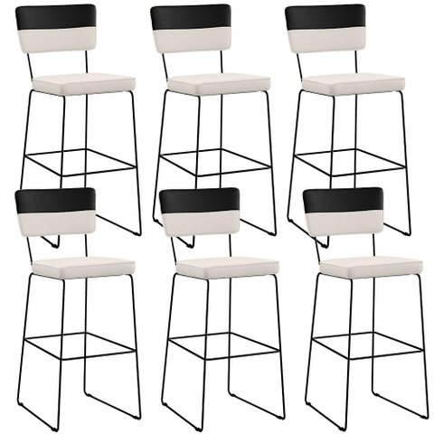 Kit 06 Banquetas Altas Sala de Jantar Allana L02 Faixa Corano Preto Linho Cru - Lyam Decor