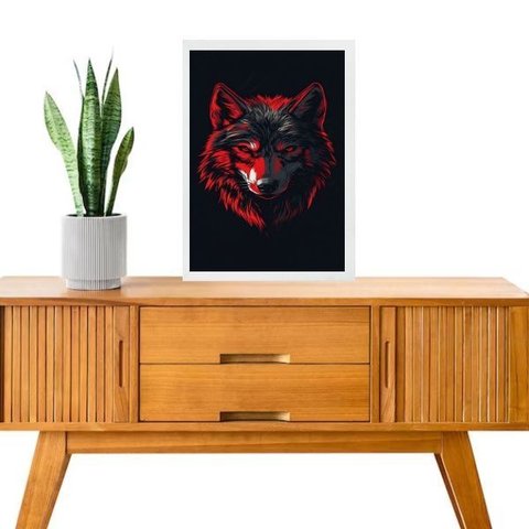 Quadro Decorativo Lobo Preto e Vermelho 45x34cm:moldura Branca