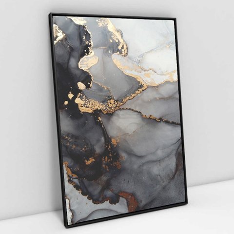 Quadro Decorativo em Canvas Abstrato Mármore Black Gray TaColado Moldura Flutuante 4,5cm Preta 90 x 