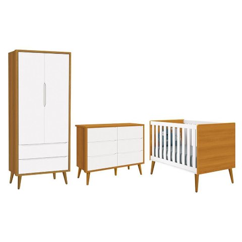 Dormitório Completo Infantil Theo 2 Portas, Cômoda 6 Gavetas e Berço Branco/Savana com Pés