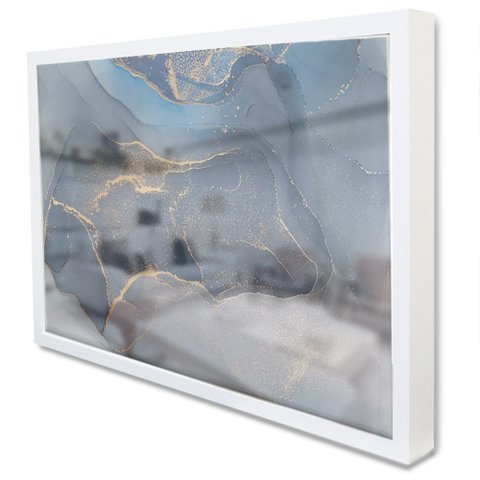 Quadro Decorativo Caixa Alta com Vidro Abstrato Mármore Azul TaColado Moldura Branca 40x60cm