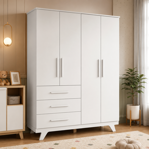 Guarda-Roupa de Bebê 4 Portas 3 Gavetas Retrô 100% MDF Faura