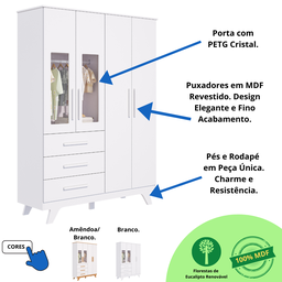 Guarda-roupa de Bebê 4 Portas com Vidro 2 Gavetas Retrô Móveis Peroba - 3