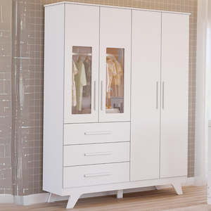 Guarda-roupa de Bebê 4 Portas com Vidro 2 Gavetas Retrô Móveis Peroba