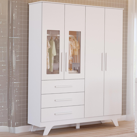 Guarda-roupa de Bebê 4 Portas com Vidro 2 Gavetas Retrô Faura