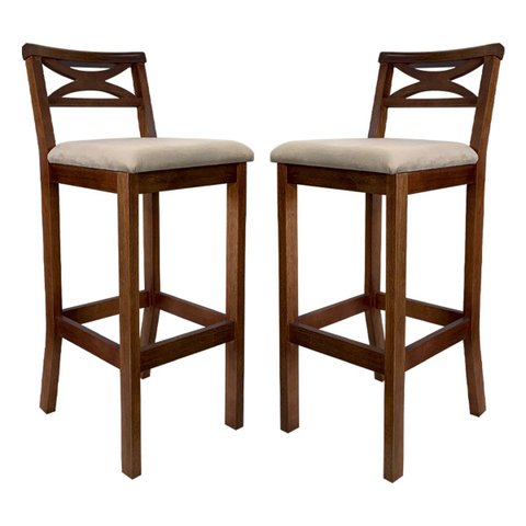 Kit 2 Banquetas Média Estofada para Bancada Madri Madeira Castanho Suede Bege Ccs