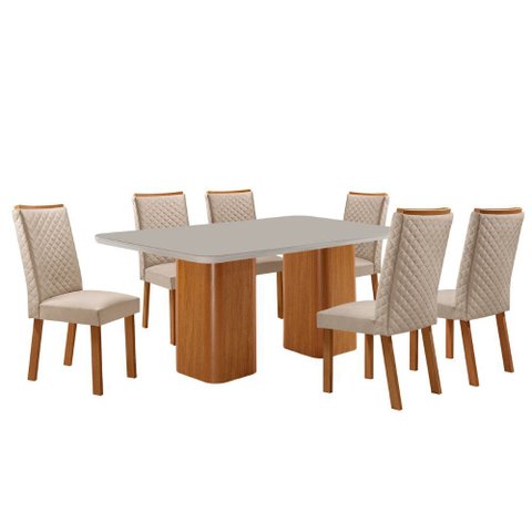 Mesa de Jantar Eloise 180cm Tampo Mdf Vidro Canto Copo com 6 Cadeiras Lira