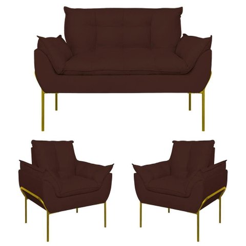 Kit 02 Poltronas + Namoradeira Reforçada Opala Metal Dourado Marrom