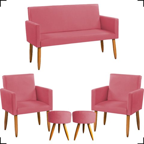 Kit Namoradeira Decorativa + 2 Poltronas Para Sala Reforçadas + 2 Puff Redondo Suede Rosê