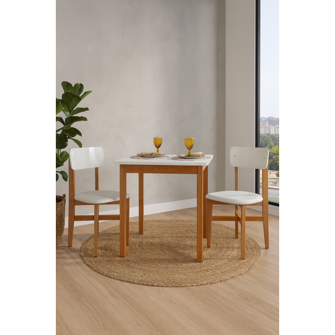 Mesa de Jantar Base Madeira Maciça com 2 Cadeiras Elisa Ideal para Apartamenteo 90x90 Off White