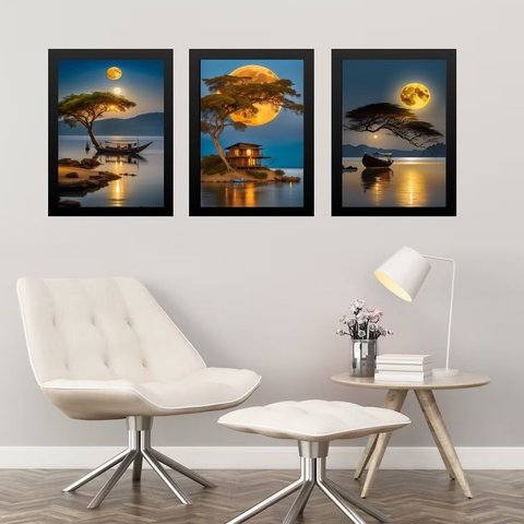 Kit 3 Quadros Artes Paisagens Rio Lua Cheia 45x34cm - com Vidro:moldura Preta