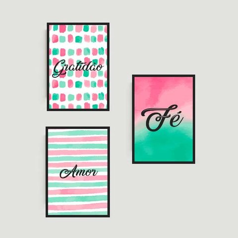 Kit 3 Quadros Gratidão, Amor, Fé Rosa/Verde 45x34cm - com vidro:Madeira preta