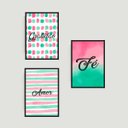 Ver imagem 1 de Kit 3 Quadros Gratidão, Amor, Fé Rosa/Verde 45x34cm - com vidro:Madeira preta