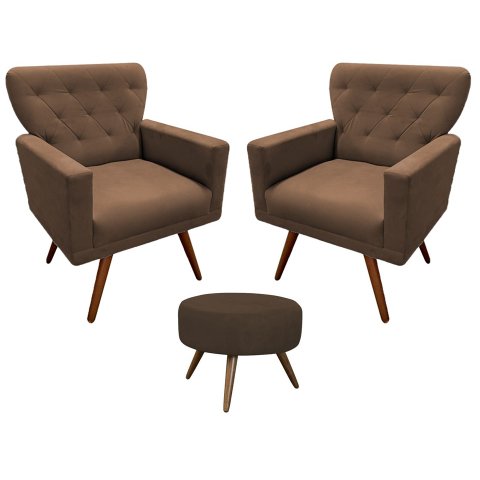 Kit 2 Poltronas Decorativa Aurora + 1 Puff Redondo Suede Marrom Pés Madeira Mz Decor