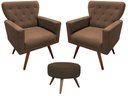 Ver imagem 1 de Kit 2 Poltronas Decorativa Aurora + 1 Puff Redondo Suede Marrom Pés Madeira Mz Decor