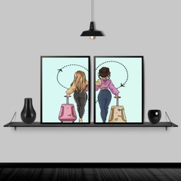 Kit 2 Quadros Melhores Amigas Viajantes 33x24cm:Madeira preta - 2