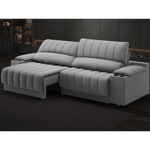 Sofá com Porta Copos Carregador USB Ret Rec Murano 2,30m Velosuede Grafite - NETSOFAS