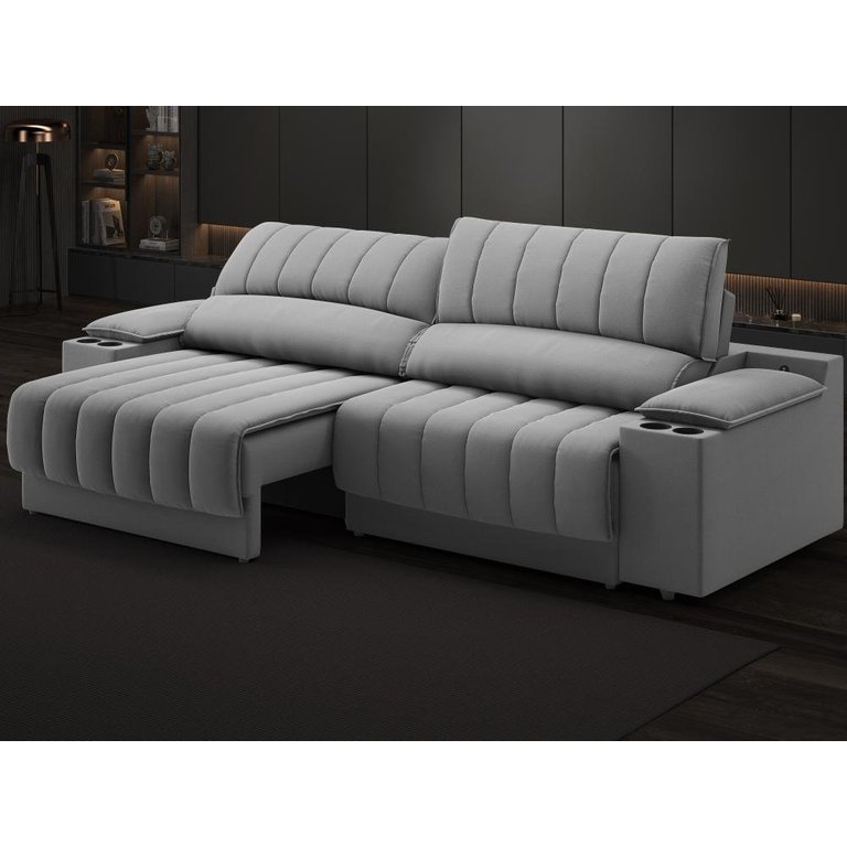 Sofá com Porta Copos Carregador USB Ret Rec Murano 2,30m Velosuede Grafite - NETSOFAS