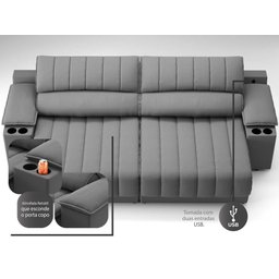 Sofá com Porta Copos Carregador USB Ret Rec Murano 2,30m Velosuede Grafite - NETSOFAS - 2