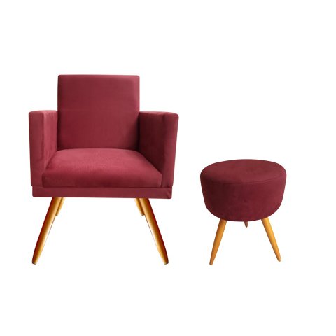 Kit Poltrona Decorativa Bia + Puff Redondo Suede Marsala Pés Madeira Ms Decor
