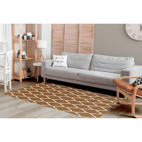 Tapete Sala ou Quarto Antiderrapante 1,50M x 1,32M Arabesco Geométrico Caramelo e Cru