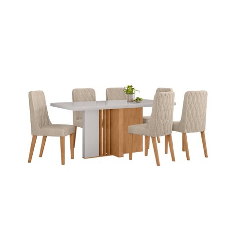 Conjunto Sala de Jantar Mesa Astrid 170 Tampo Vidro Maxi Off com 6 Cadeiras Luar - Lopas Amendoa Cle