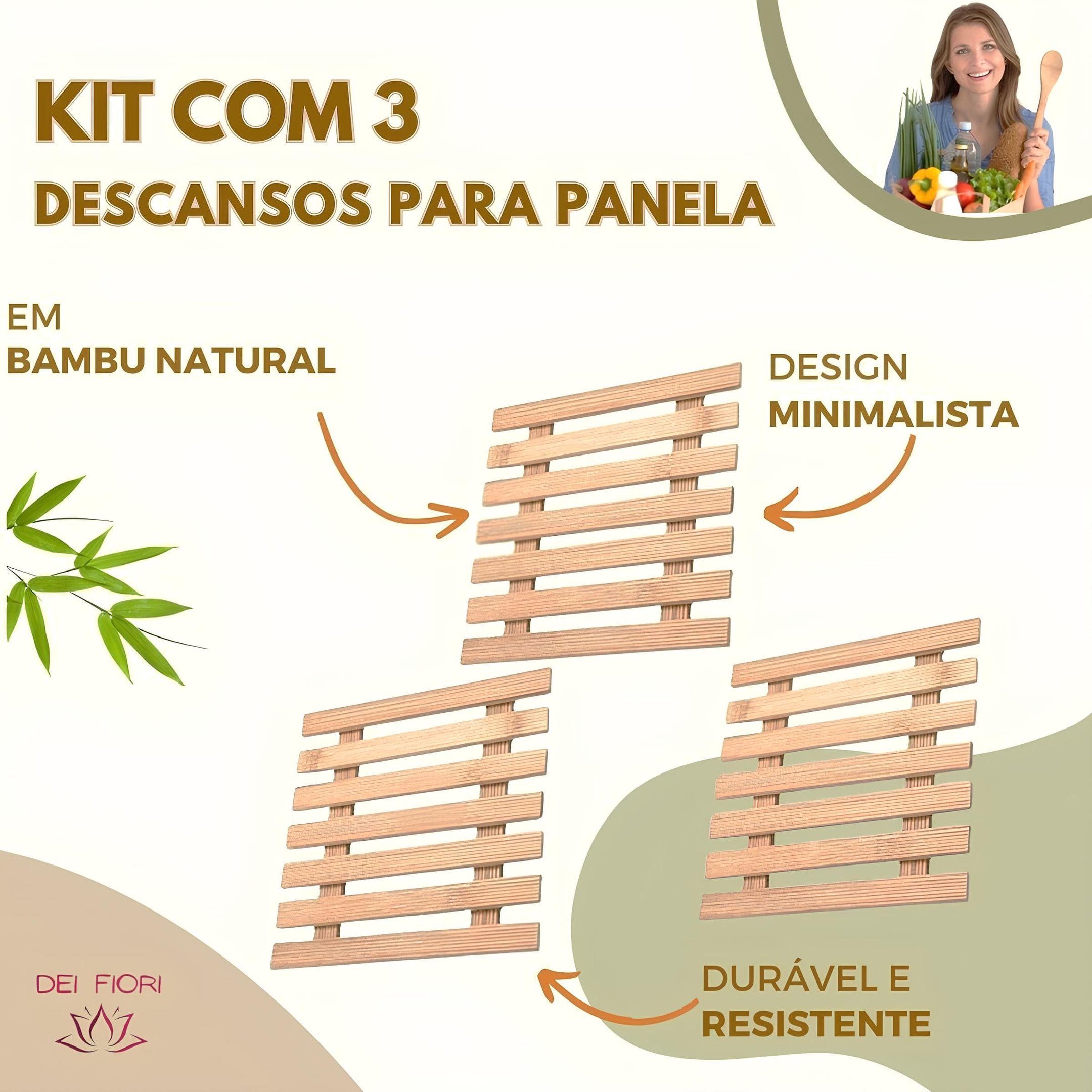 Kit 3 Descansos P/ Panelas em Bambu Natural Madeira Duravel Ecologico Resistente Sustentavel Cozinha - 2