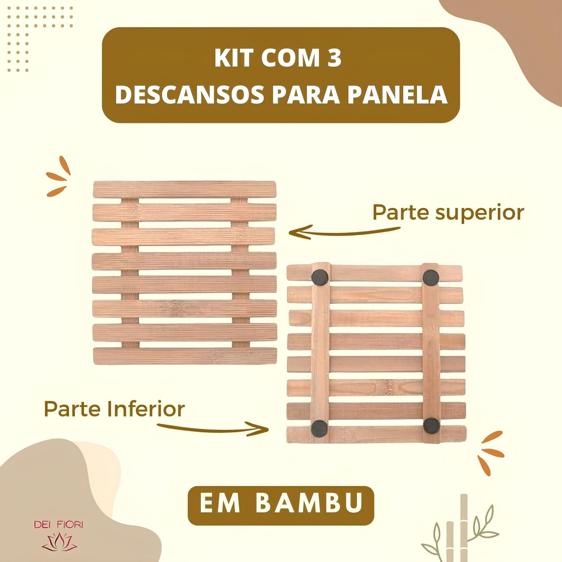 Kit 3 Descansos P/ Panelas em Bambu Natural Madeira Duravel Ecologico Resistente Sustentavel Cozinha - 4