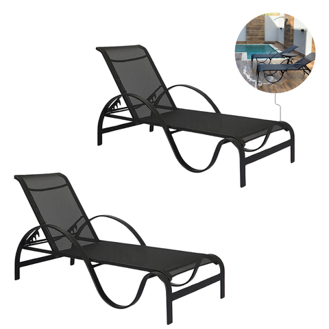 Kit 2 Espreguiçadeira Reclinável Piscina de Alumínio e Tela Sling Preta