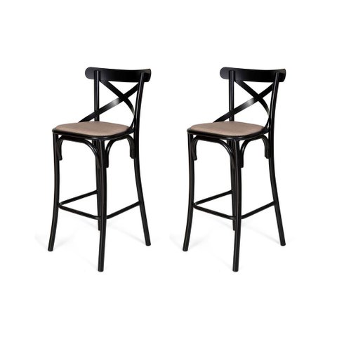 Conjunto 2 Banquetas Katrina com Encosto em Aço Preto Assento Corano para Bancada de Cozinha - Bege