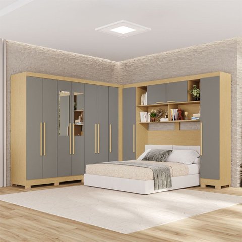 Guarda-Roupa Casal Modulado Pandora 11 Portas 2 Gavetas com Espelho e Pés Jequitibá/Granizo - Pnr Mó
