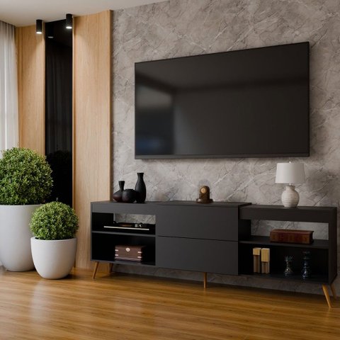 Rack para TV até 55 Polegadas Florença 1 Porta 2 Prateleiras Preto Fosco - Panorama Móveis