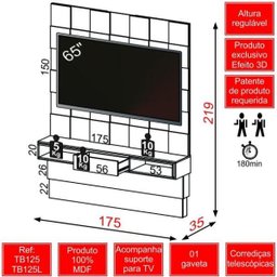 Painel 175cm Quadriculado 3D com 1 Gaveta - Natural/Off White - 3