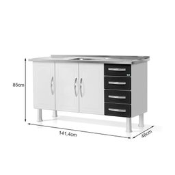 Gabinete Ideal de Aço P/ Cozinha C/ 4 Gavetas e 3 Portas 1,50 M - Branco/Preto - MARROART - 2