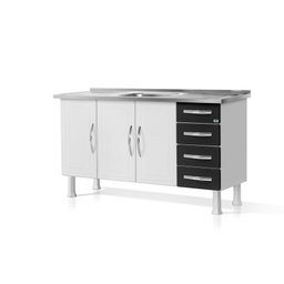 Gabinete Ideal de Aço P/ Cozinha C/ 4 Gavetas e 3 Portas 1,50 M - Branco/Preto - MARROART - 1