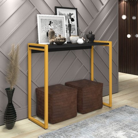 Aparador Industrial Ísis Buffet Aço Dourado 1 Prateleira MDF Base Dourada/Preto