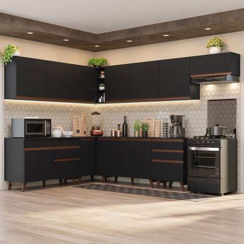 Armário de Cozinha Completa de Canto 512cm Preto Reims Madesa 01