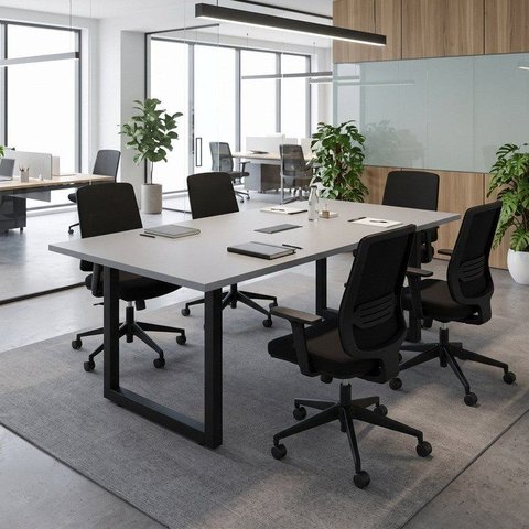 Mesa Reunião Escritório 1,80m x 0,90m com Caixa de Tomadas Pés Metal Industrial Executive F5 Offi