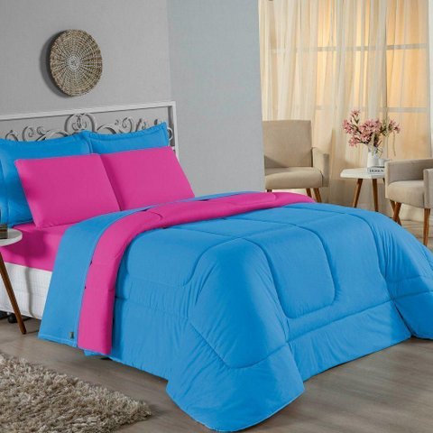 Edredom Queen Nobre 1 Peça Dupla Face 2,20m X 2,40m Malha 100% Algodão - Turquesa / Pink