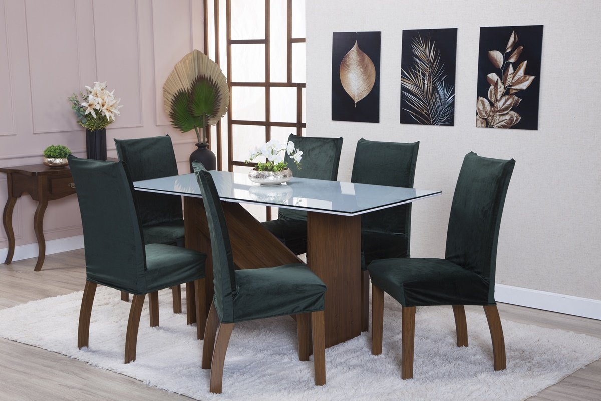 Kit Capa de Cadeira 6 Peças Suede Veludo Sala de Jantar Protege o Estofado Renova o Visual Verde Mus